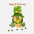 St Patrick day leprechaun with four leaves clovers, Greeting card a gnomes with shamrock a luck symbols.Vector Watercolour green