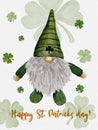 St Patrick day leprechaun in striped hat with four leaves clovers,Greeting card A gnomes with shamrock a luck symbols.illustration