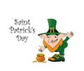 St. Patrick Day poster. Leprechaun near stump with a pot of gold coins.