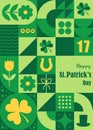 St. Patrick day poster. Vintage neo geometric design postcard with green primitive shapes elements. Retro festive