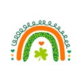 St. Patrick day rainbow with swirls and leopard print. Feeling lucky Saint Patricks day clipart with clover leaf decor.