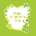 St. Patrick Day`s card with cute ant cartoon and shamrock leaves on yellow frame Royalty Free Stock Photo