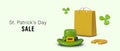 St. Patrick Day sale advertising template. Green poster with leprechaun hat, clover, horseshoe Royalty Free Stock Photo