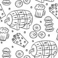 Seamless pattern with wooden barrel, beer mug and snack. Vector illustration in Doodle style on a white background. Royalty Free Stock Photo