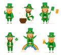 St. Patrick Day set of different characters of leprechauns in different suits. Vector Illustrations. Cheerful men Royalty Free Stock Photo