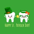 St Patrick day teeth in leprechaun hat with shamrock and glasses with gold coin.