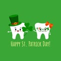St Patrick day tooth in leprechaun hat with clover and in glasses.