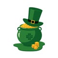 St Patrick Day traditional symbols - green leprechaun hat and pot full of golden coins. Royalty Free Stock Photo