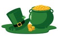 St Patrick Day traditional symbols of green leprechaun hat, pot with golden coins and shamrock leaf. Royalty Free Stock Photo