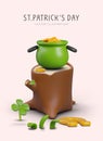 St. Patrick Day vertical creative poster. Leprechaun pot of coins is standing on stump Royalty Free Stock Photo