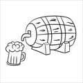 Wooden beer barrel and mug with foam. Vector illustration in Doodle style. Isolated object on a white background. Royalty Free Stock Photo