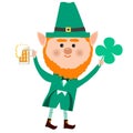 St. Patrick in a green suit with a happy clover in his hand and a glass of beer.