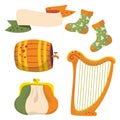 st patrick illustration set harp purse irish flag keg