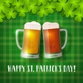 St. Patrick`s beer mugs on a shamrock checkered background