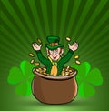 St. Patrick`s character comes out of the pot full of coins.