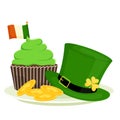 St. Patrick`s cupcake, leprechaun hat, gold coins and gold. Flat cartoon vector illustration isolated on a white background