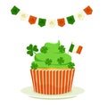 St. Patrick`s cupcake with shamrock clover and the flag of Ireland. Flat cartoon vector illustration isolated on a white