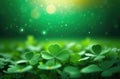 abstract green background, bokeh effect, background with clover leaves, golden glow, place for text, Irish Royalty Free Stock Photo