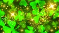 St. Patrick`s Day green blurred background with shamrock leaves and glitter Royalty Free Stock Photo