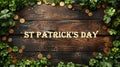 St. Patrick\'s Day background with clover leaves and gold coins on rustic wooden planks Royalty Free Stock Photo