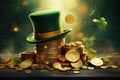 St. Patrick\'s Day background with coins and leprechaun hat, composition with green beer, shamrock, leprechaun