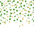 St. Patrick s Day background. Green leaves clover and gold coins fall on white background. Traditional Irish symbols of