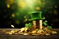 St. Patrick\'s Day background with leprechaun hat and coins, composition with green beer, shamrock, leprechaun
