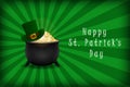 St. Patrick's Day background with pot of gold and leprechaun hat. Template for Saint Patrick's Day design. Vector. Royalty Free Stock Photo