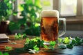 St. Patrick's Day background with a refreshing cold beer and clovers. Generative AI