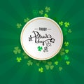 St Patrick`s Day background. Retro poster design with shamrock Ireland symbol. Green clover border and round frame for spring con Royalty Free Stock Photo