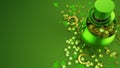 St. Patrick's Day background. Top view on green pot full of golden coins, horse shoe, leprechaun hat. Patrick day