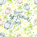 St. Patrick`s Day background. Vector seamless pattern th irish symbols of St. Patrick` s holiday