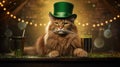 St. Patrick\'s day banner with mainecoon cat wearing green irish elf hat, gold coins, glitter and shamrock clover leaves.