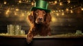 St. Patrick\'s day banner with lovely Irish setter wearing green irish elf hat by pint of green beer