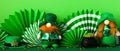 St. Patrick\'s Day banner template. Green background with paper folding fans, leprechauns, clover leaves, pot of gold