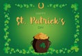 St. Patrick\'s Day banner. Vector illustration with pot of gold and shamrock frame. Green clover horizontal frame Royalty Free Stock Photo