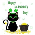 St.Patrick s Day. Black cat with green eyes in a headband with a clover, a kettle with gold coins, a clover. Cartoon style, flat