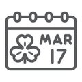 St Patrick`s Day Calendar line icon, st patrick`s day and irish holiday, patrick`s date sign, vector graphics, a linear