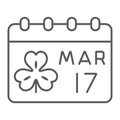 St Patrick`s Day Calendar thin line icon, st patrick`s day and irish holiday, patrick`s date sign, vector graphics, a