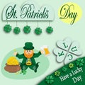 St. Patrick\'s Day card with cheerful and funny character holding a small barrel of beer Royalty Free Stock Photo