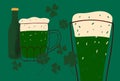 St.Patrick s day card design with stylized illustration mugs of beer on green background