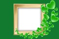 Green hearts and golden frame with space for text. Vector illustration for Saint Patrick Day Greeting Card