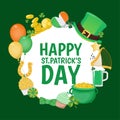 St. Patrick s Day Card template with elements, shamrock, leprechaun hat, green beer, clover leaves, golden coins pot vector Royalty Free Stock Photo