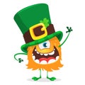 St. Patrick`s day. Cartoon one eyed monster wearing irish hat with a four leaf clover isolated on white background Royalty Free Stock Photo