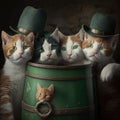 St.Patrick \'s Day. Cats in a green Leprechaun hats sitting around barrel. Created using generative Al tools Royalty Free Stock Photo