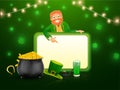 St. Patrick`s Day celebration banner or poster design, traditional festival elements and happy leprechaun man. Royalty Free Stock Photo