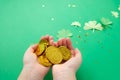 St. Patrick`s day, clover and gold coins on a green background