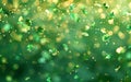 St. Patrick\'s Day clover confetti with green bokeh, creating a festive and vibrant atmosphere