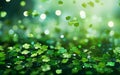 St. Patrick\'s Day clover confetti with green bokeh, creating a festive and vibrant atmosphere