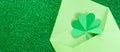 St. Patrick`s day, clover on a green shiny background Royalty Free Stock Photo